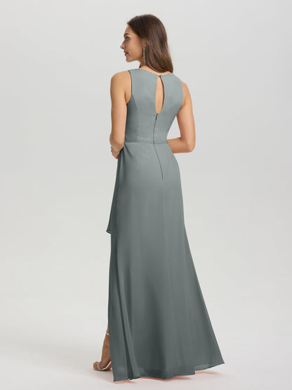 Boat Neck Sleeveless Ruffles Key Hole Back Chiffon Bridesmaid Dress