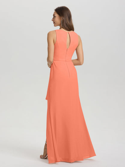 Boat Neck Sleeveless Ruffles Key Hole Back Chiffon Bridesmaid Dress