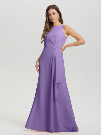 Boat Neck Sleeveless Ruffles Key Hole Back Chiffon Bridesmaid Dress