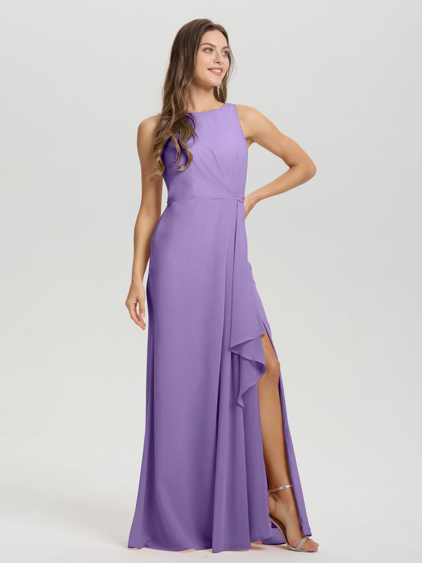 Boat Neck Sleeveless Ruffles Key Hole Back Chiffon Bridesmaid Dress