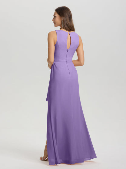 Boat Neck Sleeveless Ruffles Key Hole Back Chiffon Bridesmaid Dress