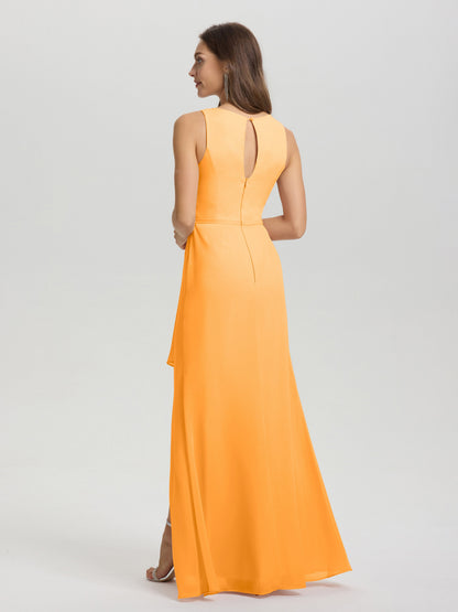 Boat Neck Sleeveless Ruffles Key Hole Back Chiffon Bridesmaid Dress
