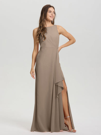 Boat Neck Sleeveless Ruffles Key Hole Back Chiffon Bridesmaid Dress