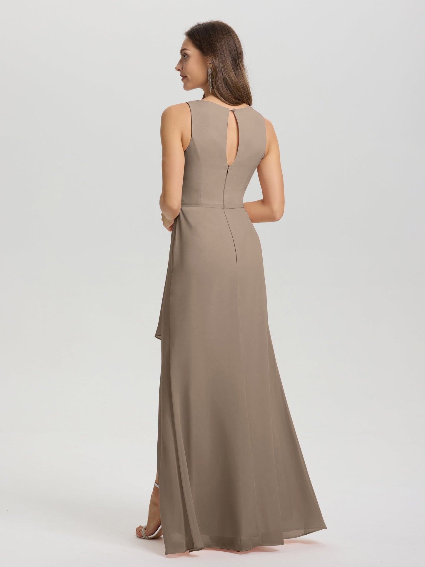 Boat Neck Sleeveless Ruffles Key Hole Back Chiffon Bridesmaid Dress