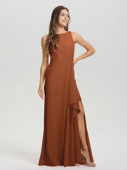 Boat Neck Sleeveless Ruffles Key Hole Back Chiffon Bridesmaid Dress