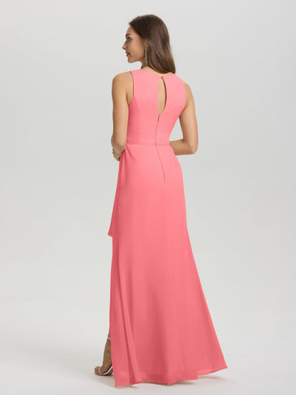 Boat Neck Sleeveless Ruffles Key Hole Back Chiffon Bridesmaid Dress