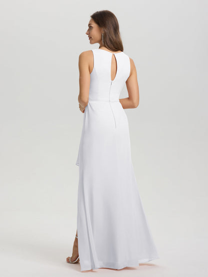 Boat Neck Sleeveless Ruffles Key Hole Back Chiffon Bridesmaid Dress