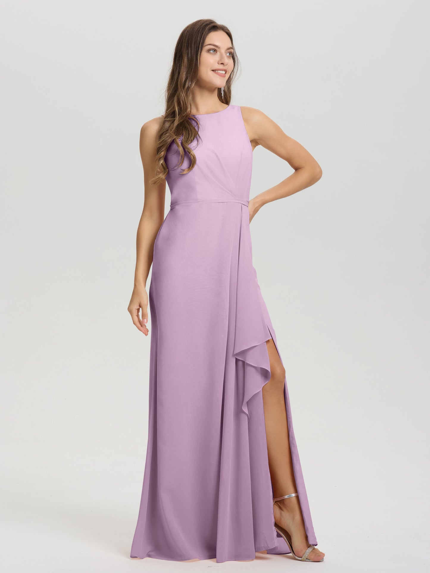 Boat Neck Sleeveless Ruffles Key Hole Back Chiffon Bridesmaid Dress