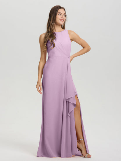 Boat Neck Sleeveless Ruffles Key Hole Back Chiffon Bridesmaid Dress