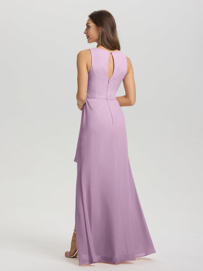 Boat Neck Sleeveless Ruffles Key Hole Back Chiffon Bridesmaid Dress