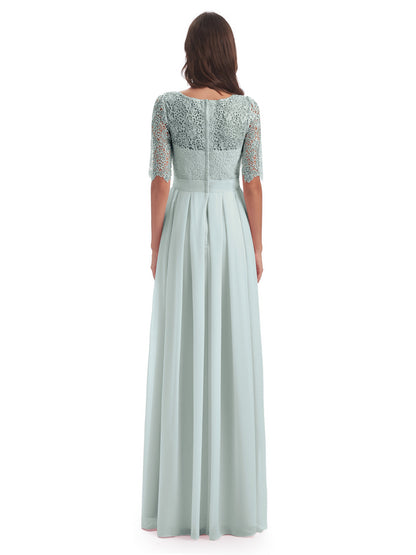 Brielle Illussion Neckline and Back Half Sleeves Scoop Lace Bridesmaid Dresses