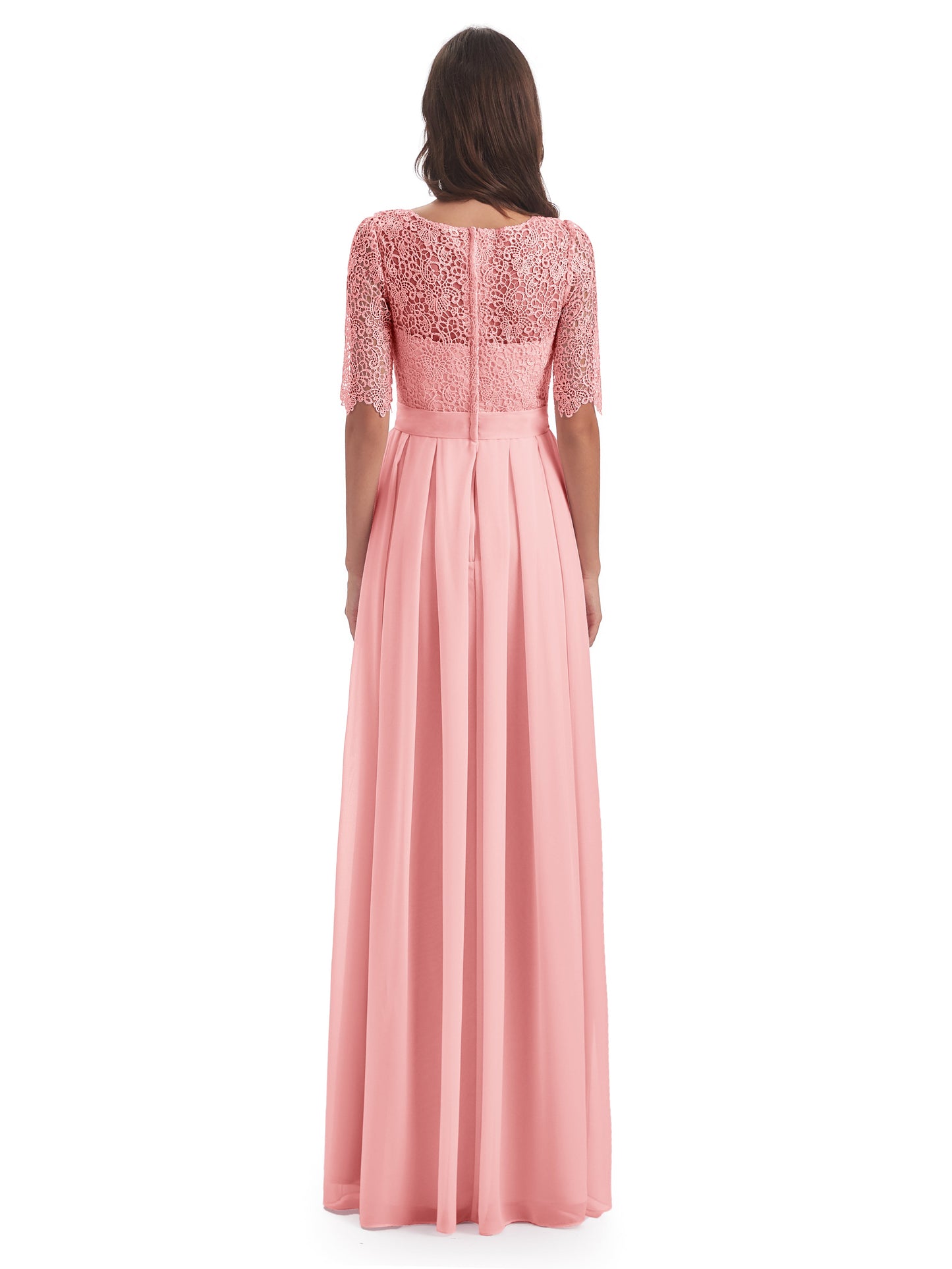 Brielle Illussion Neckline and Back Half Sleeves Scoop Lace Bridesmaid Dresses
