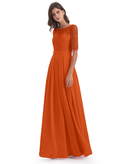Brielle Illussion Neckline and Back Half Sleeves Scoop Lace Bridesmaid Dresses