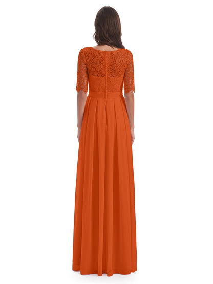 Brielle Illussion Neckline and Back Half Sleeves Scoop Lace Bridesmaid Dresses