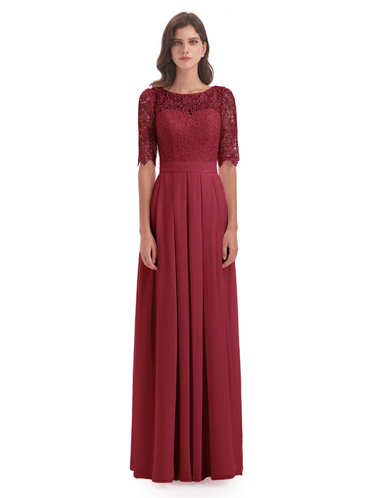Brielle Illussion Neckline and Back Half Sleeves Scoop Lace Bridesmaid Dresses
