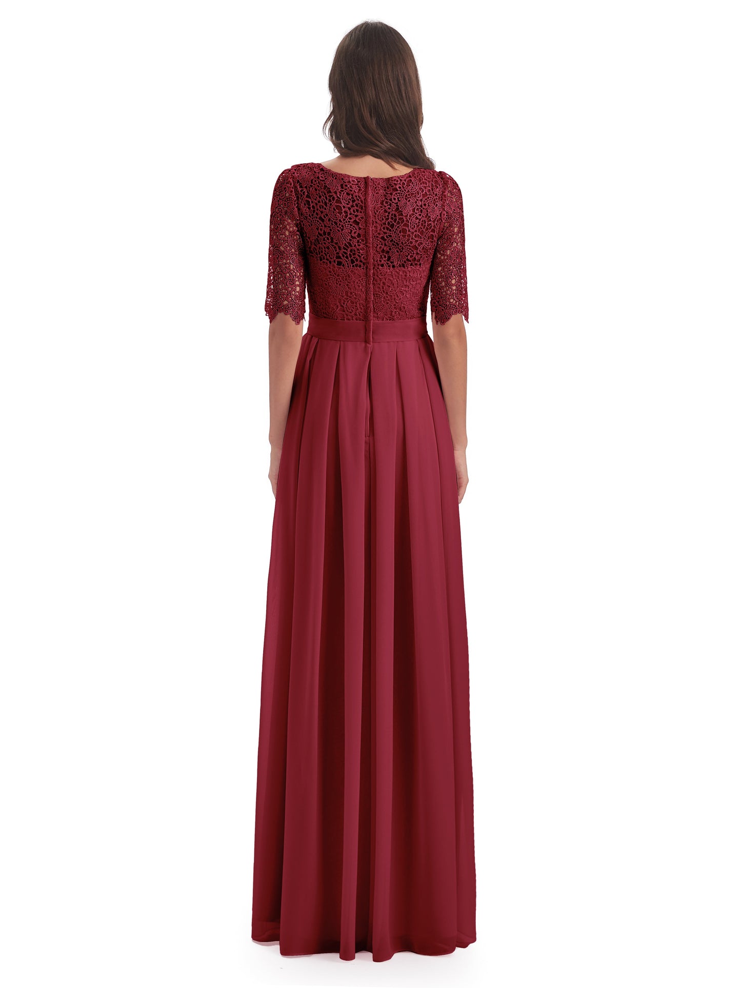 Brielle Illussion Neckline and Back Half Sleeves Scoop Lace Bridesmaid Dresses