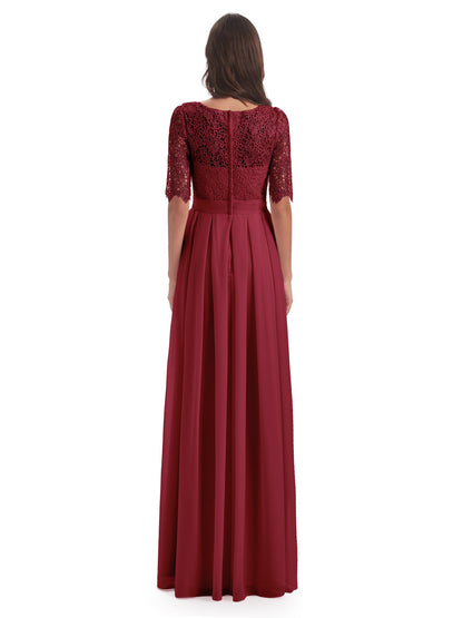 Brielle Illussion Neckline and Back Half Sleeves Scoop Lace Bridesmaid Dresses
