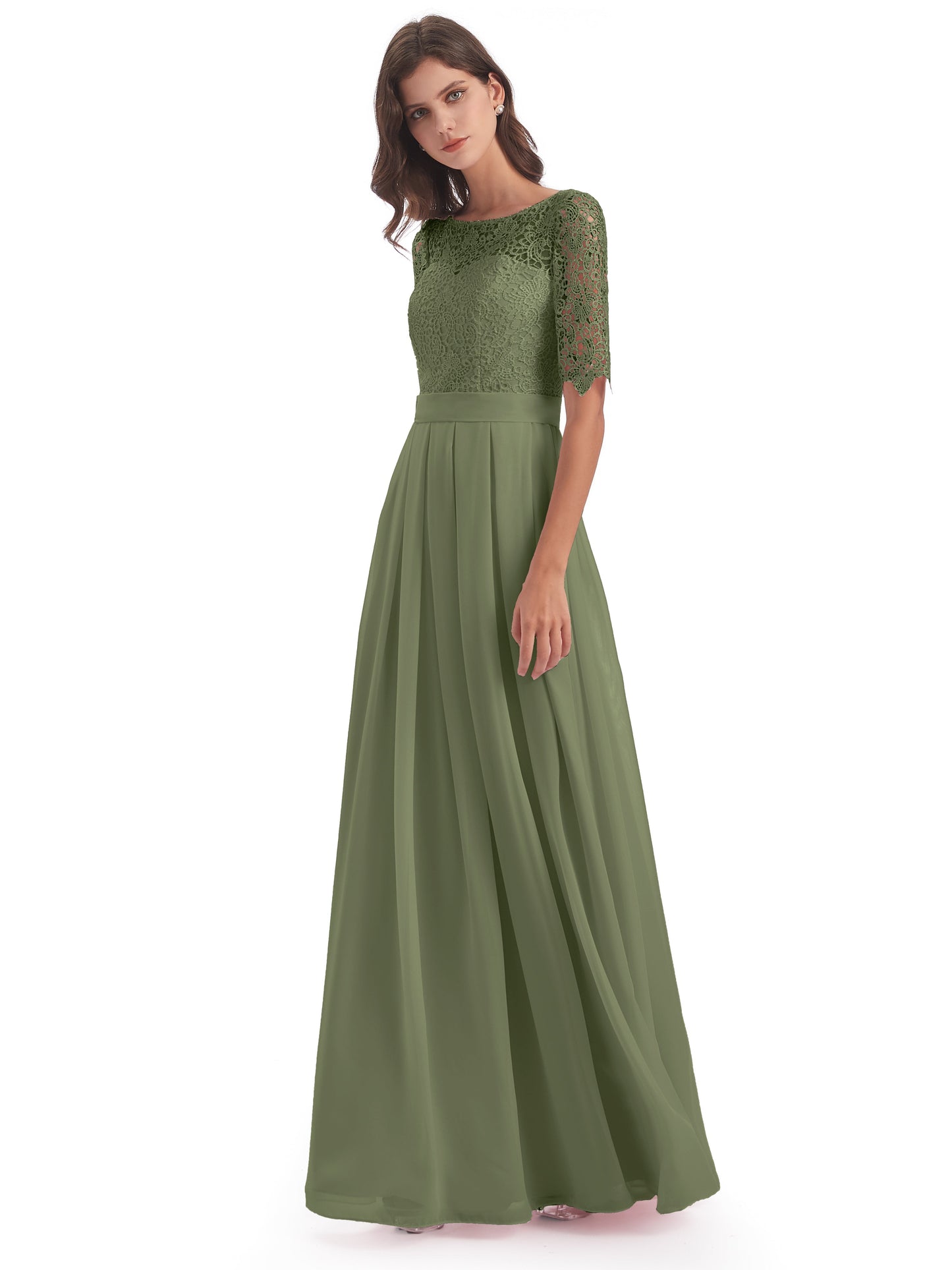 Brielle Illussion Neckline and Back Half Sleeves Scoop Lace Bridesmaid Dresses