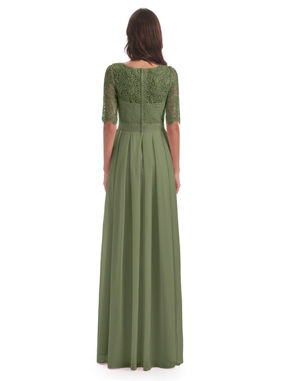 Brielle Illussion Neckline and Back Half Sleeves Scoop Lace Bridesmaid Dresses