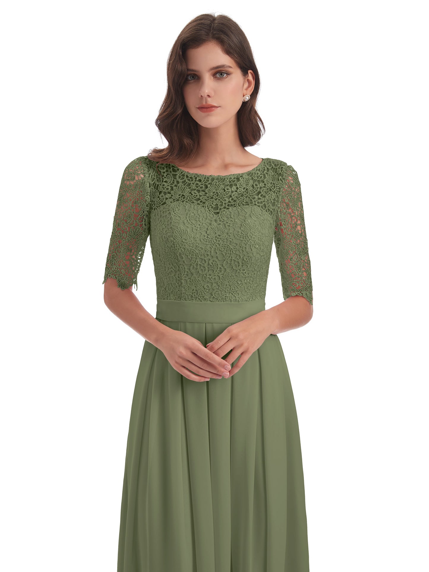 Brielle Illussion Neckline and Back Half Sleeves Scoop Lace Bridesmaid Dresses