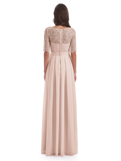 Brielle Illussion Neckline and Back Half Sleeves Scoop Lace Bridesmaid Dresses