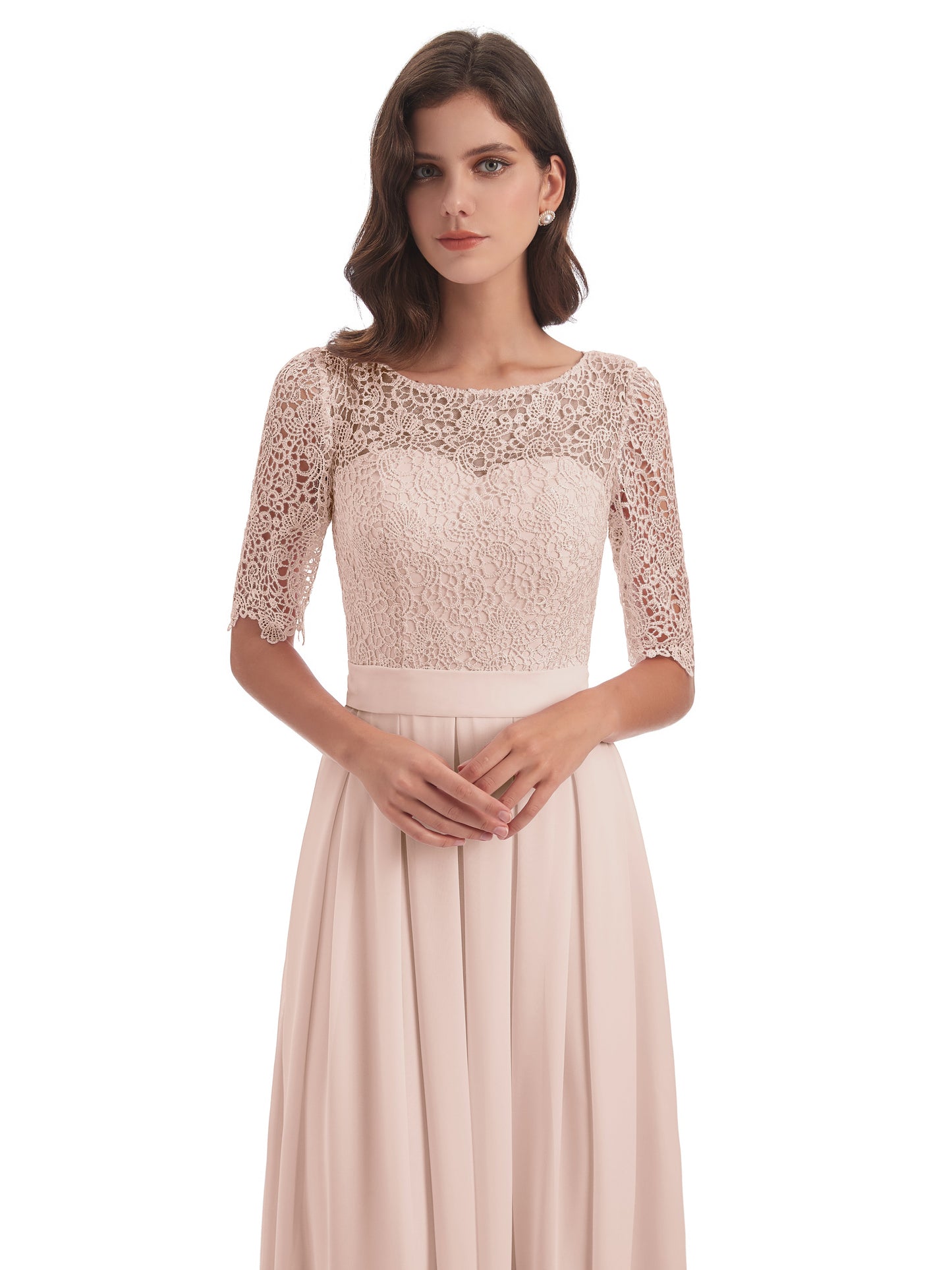 Brielle Illussion Neckline and Back Half Sleeves Scoop Lace Bridesmaid Dresses