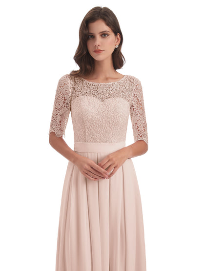 Brielle Illussion Neckline and Back Half Sleeves Scoop Lace Bridesmaid Dresses