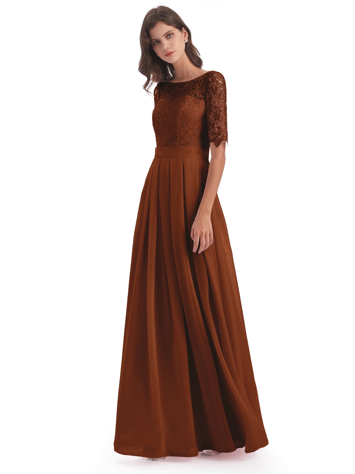 Brielle Illussion Neckline and Back Half Sleeves Scoop Lace Bridesmaid Dresses
