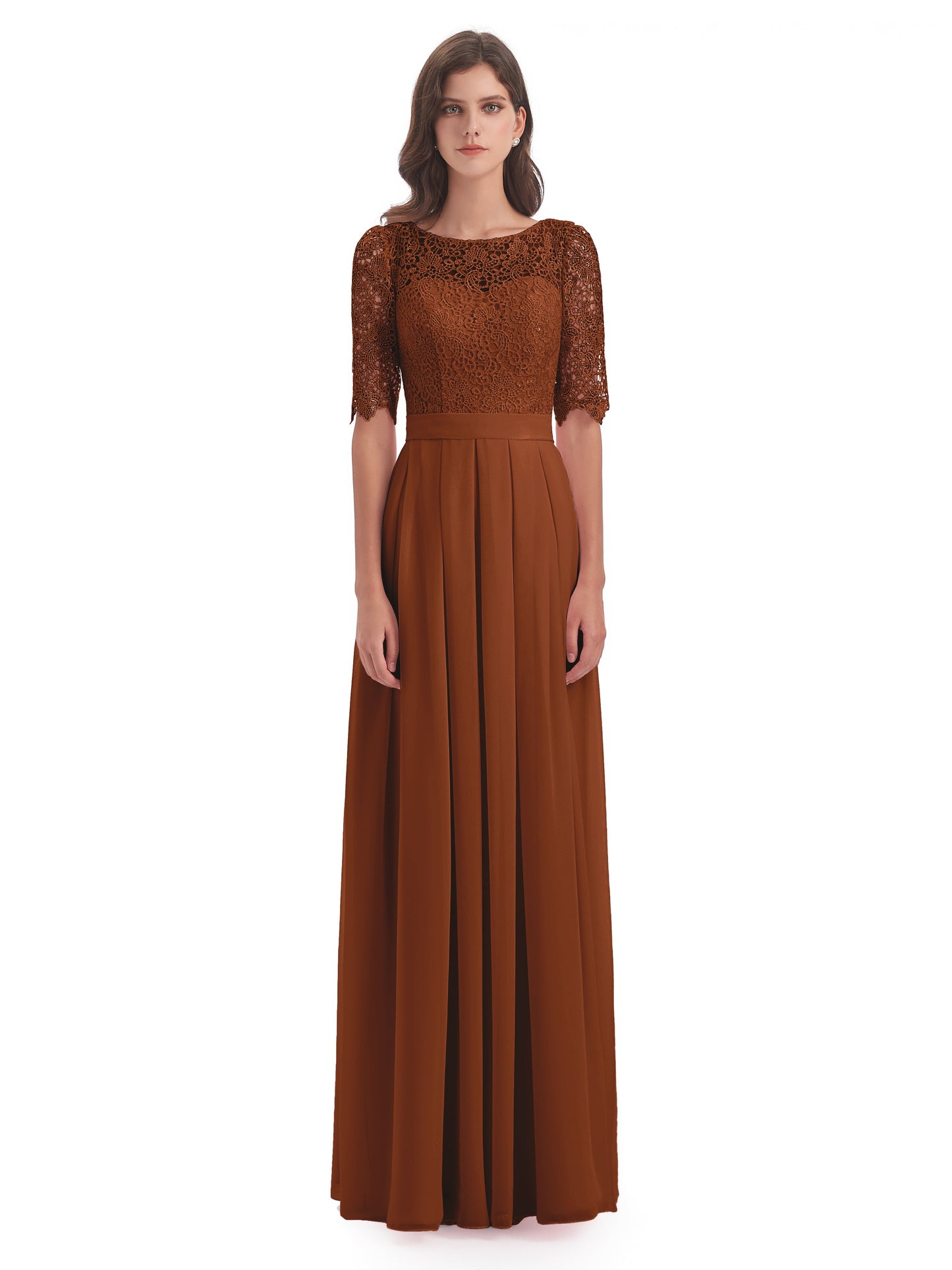 Brielle Illussion Neckline and Back Half Sleeves Scoop Lace Bridesmaid Dresses