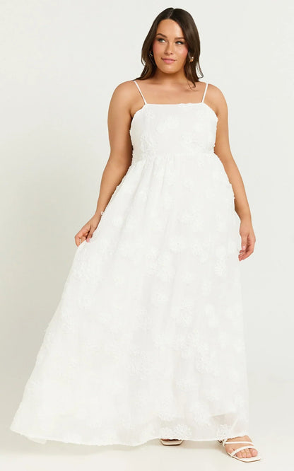 Claya Maxi Dress - Sleeveless Straight Neckline Floral Detail Dress in White Embroidery