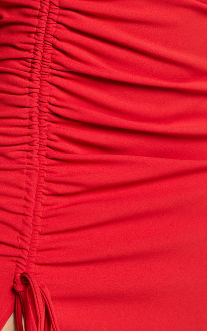 Daria Midi Dress - One Shoulder Long Sleeve Side Split Dress in Red