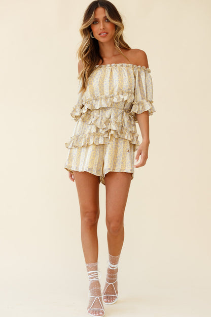Astoria Bardot Neckline Frill Romper Floral & Stripe Print Yellow