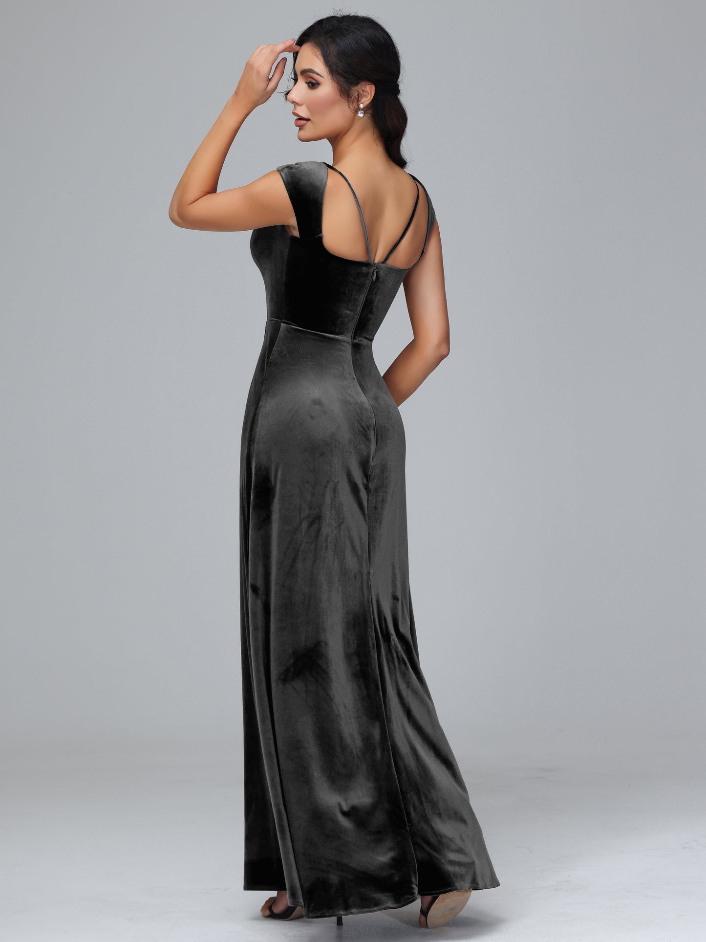 Cap Sleeves Velvet Bridesmaid Dress With Slit