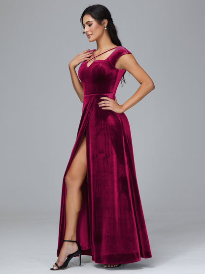 Cap Sleeves Velvet Bridesmaid Dress With Slit