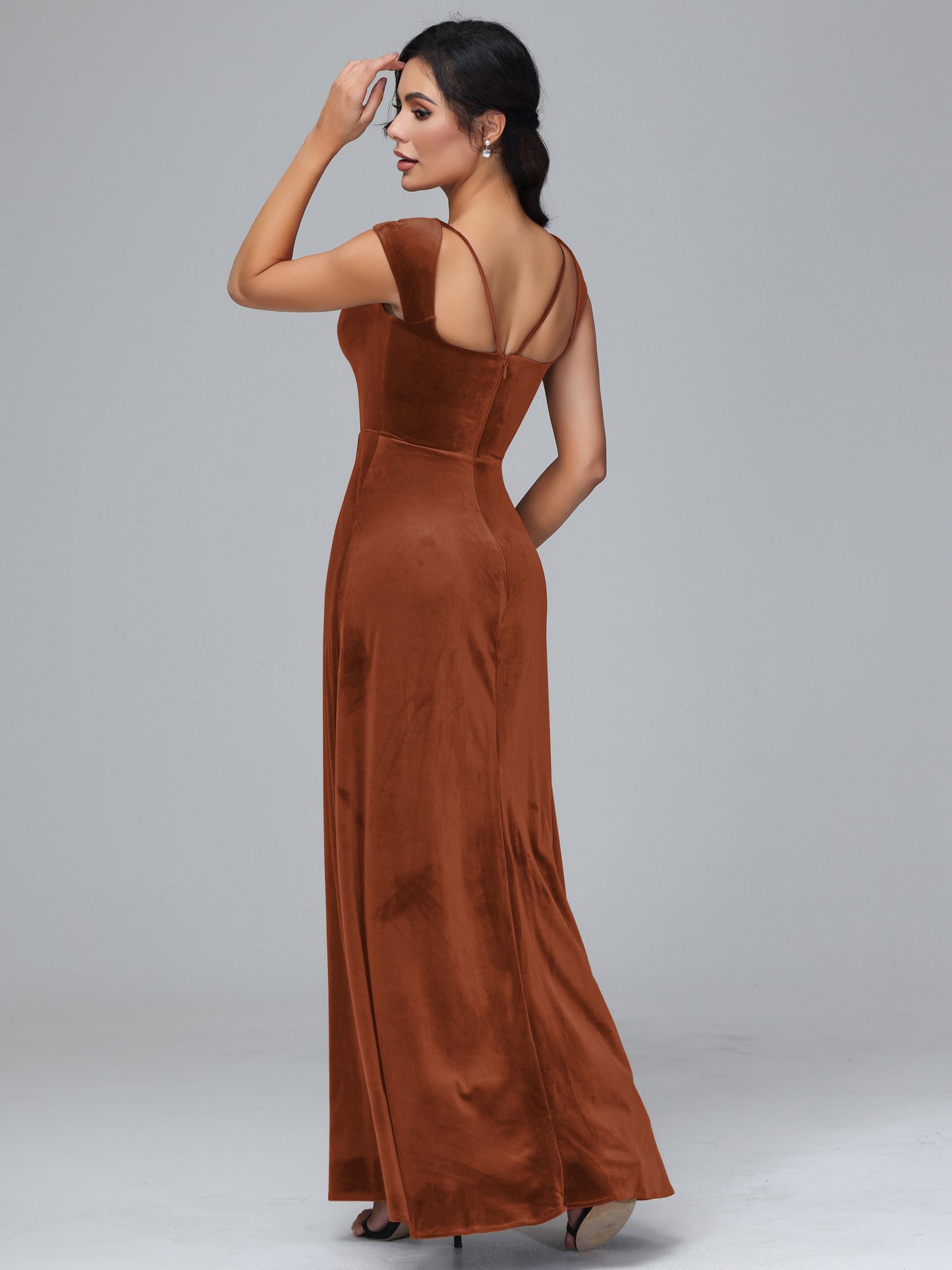 Cap Sleeves Velvet Bridesmaid Dress With Slit