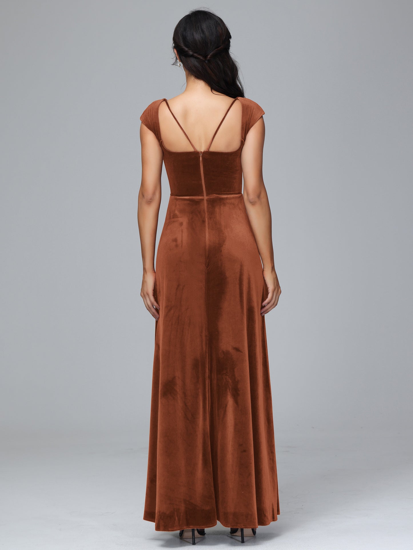 Cap Sleeves Velvet Bridesmaid Dress With Slit