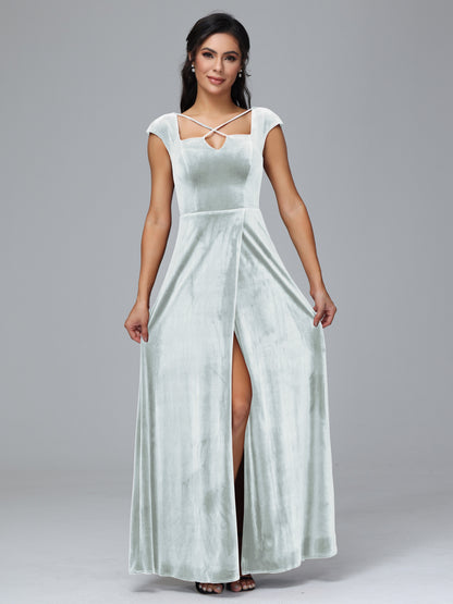 Cap Sleeves Velvet Bridesmaid Dress With Slit