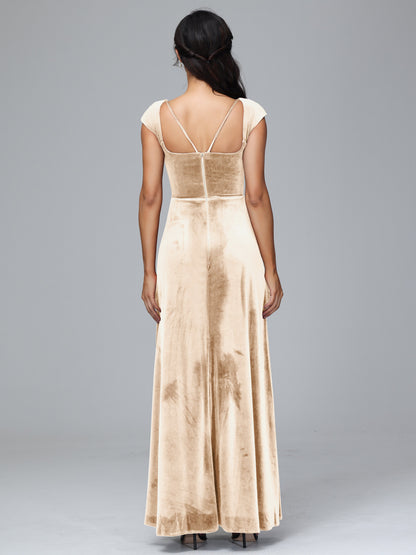 Cap Sleeves Velvet Bridesmaid Dress With Slit