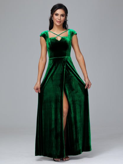 Cap Sleeves Velvet Bridesmaid Dress With Slit