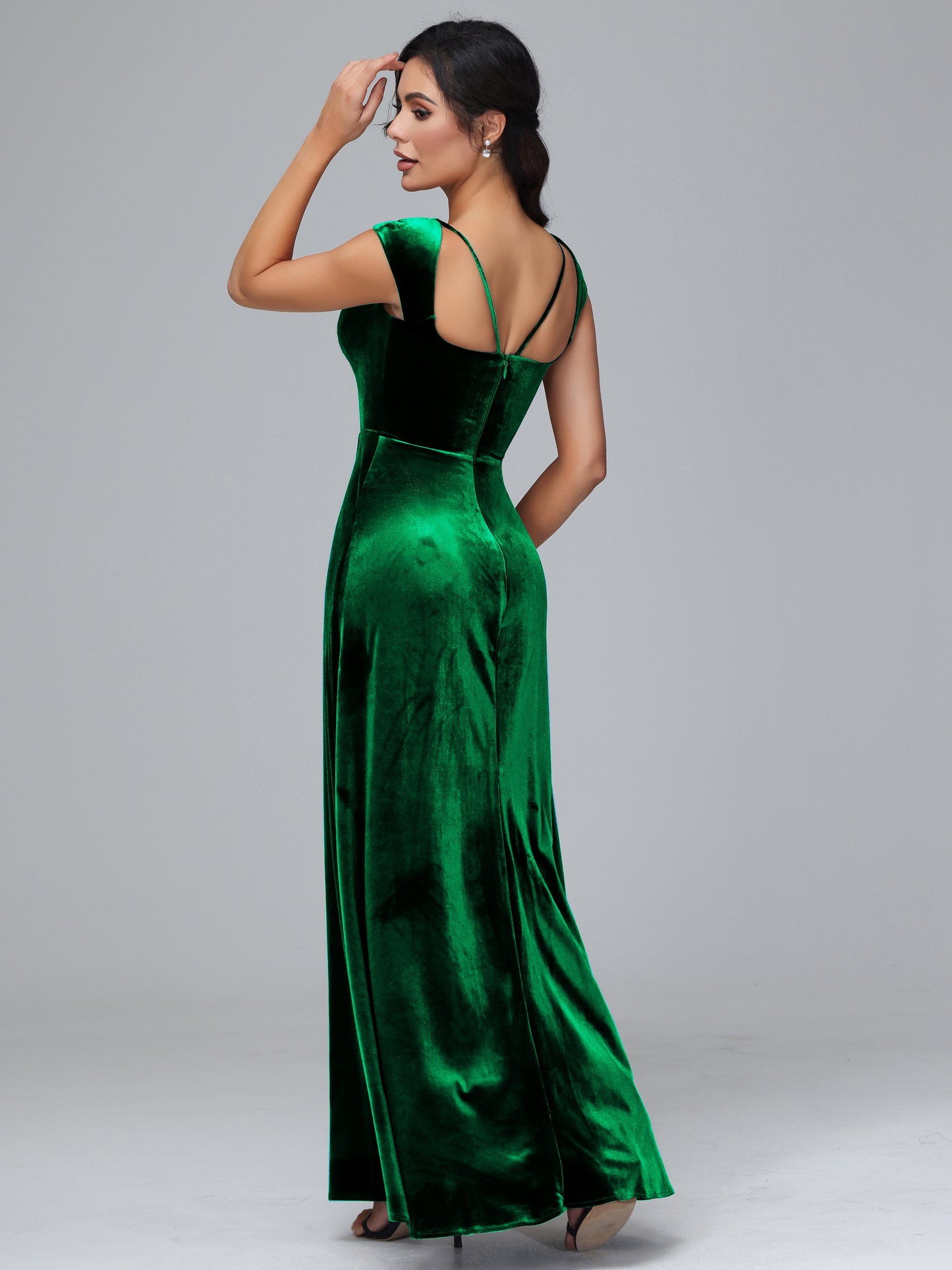 Cap Sleeves Velvet Bridesmaid Dress With Slit