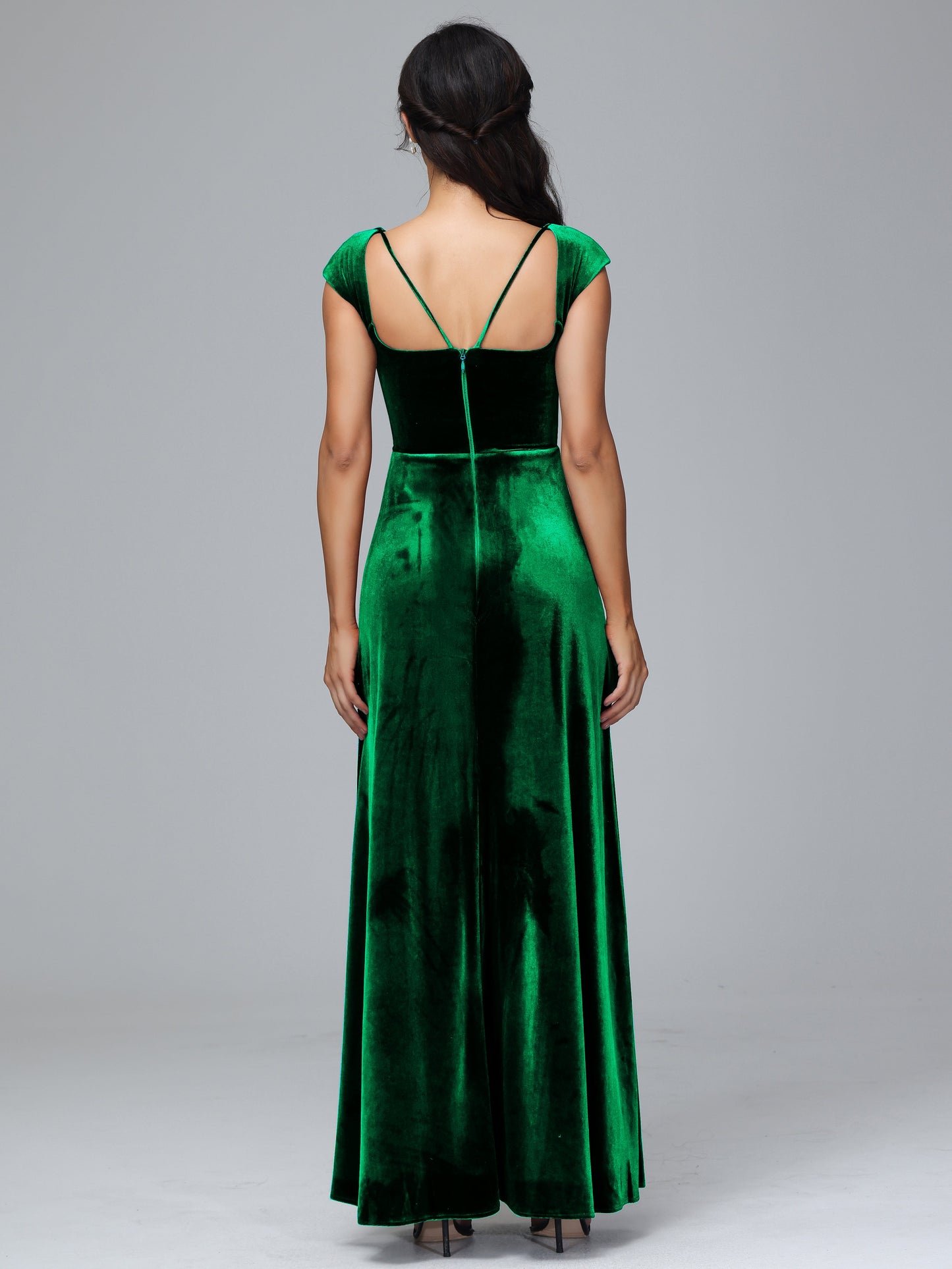 Cap Sleeves Velvet Bridesmaid Dress With Slit