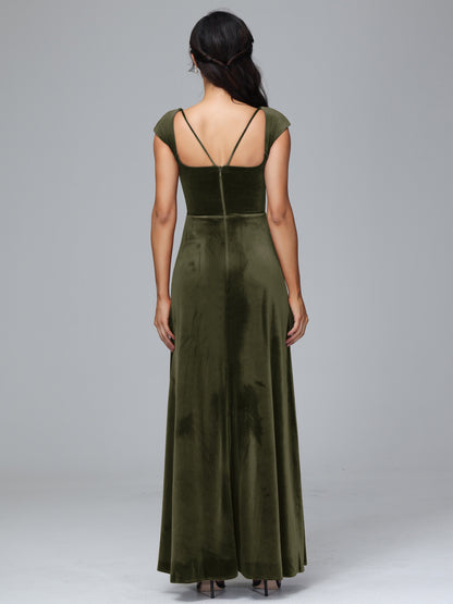 Cap Sleeves Velvet Bridesmaid Dress With Slit