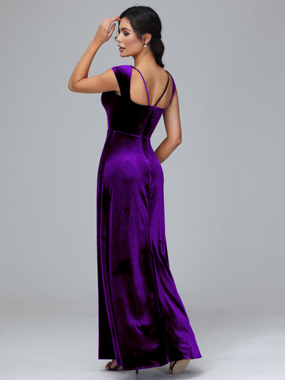 Cap Sleeves Velvet Bridesmaid Dress With Slit