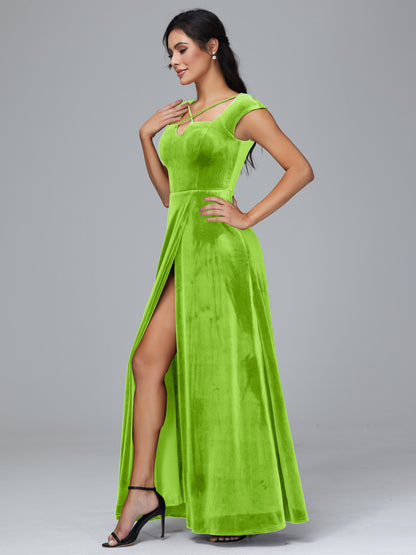 Cap Sleeves Velvet Bridesmaid Dress With Slit
