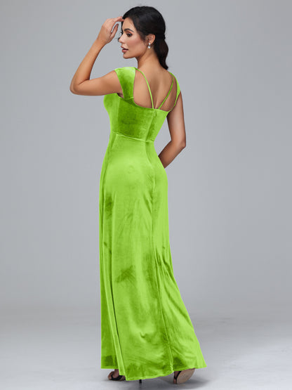 Cap Sleeves Velvet Bridesmaid Dress With Slit