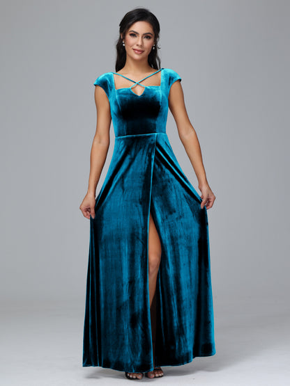Cap Sleeves Velvet Bridesmaid Dress With Slit