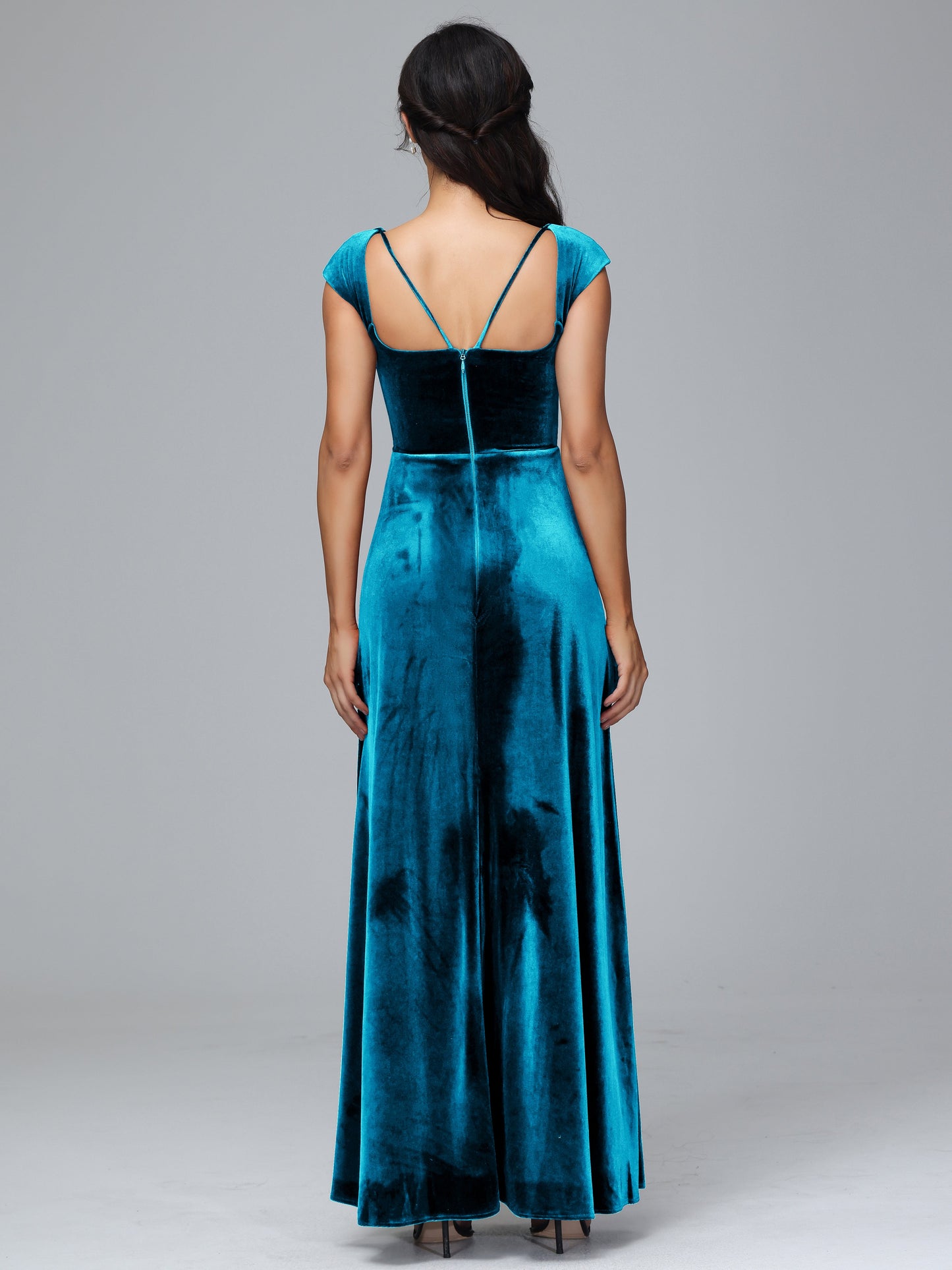 Cap Sleeves Velvet Bridesmaid Dress With Slit