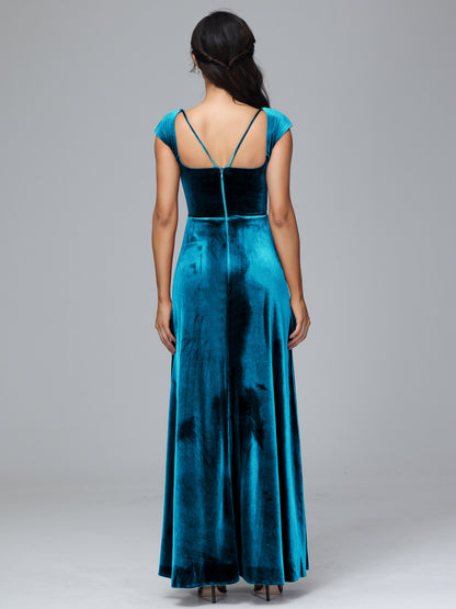 Cap Sleeves Velvet Bridesmaid Dress With Slit
