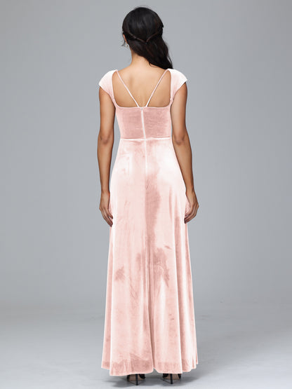 Cap Sleeves Velvet Bridesmaid Dress With Slit