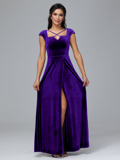 Cap Sleeves Velvet Bridesmaid Dress With Slit